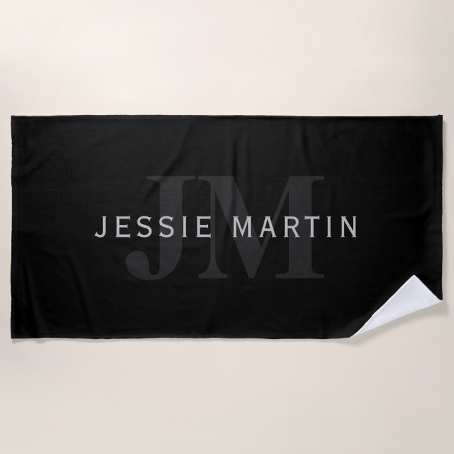 Modern Name & Monogram | Grey & Black Beach Towel (Front)
