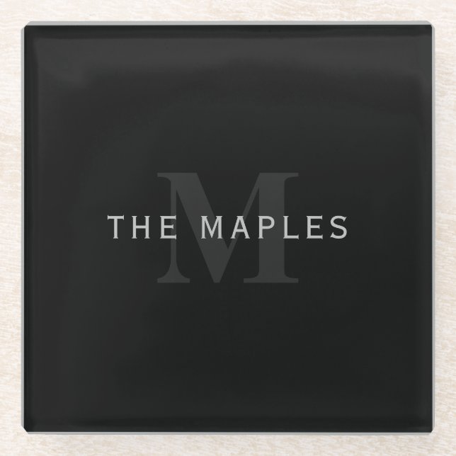 Modern Name & Monogram | Grey & Black Glass Coaster (Front)