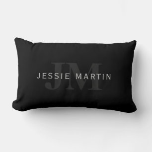 Modern Name & Monogram   Grey & Black Lumbar Pillow
