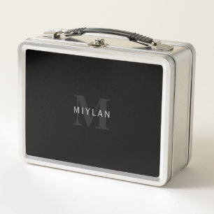 Modern Name & Monogram Grey & Black Metal Lunch Box