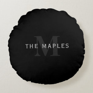 Modern Name & Monogram Grey & Black Round Pillow