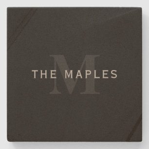 Modern Name & Monogram Grey & Black Stone Coaster