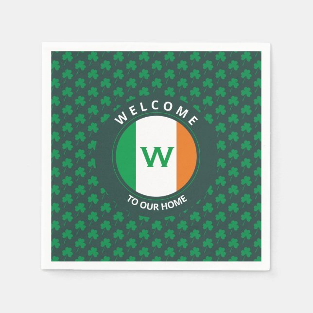 Modern Name Monogram Irish Flag Shamrock Napkin (Front)