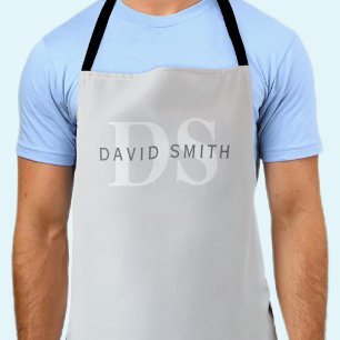 Modern Name & Monogram Light & Dark Grey White Apron
