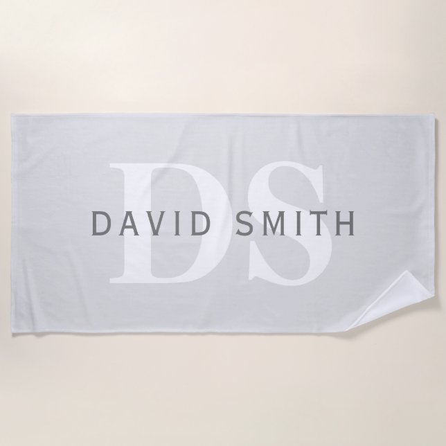 Modern Name & Monogram | Light & Dark Grey White Beach Towel (Front)