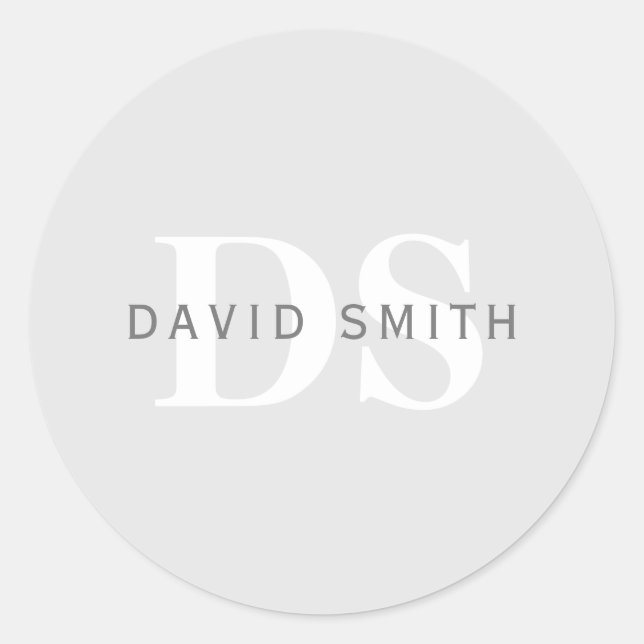 Modern Name & Monogram | Light & Dark Grey White Classic Round Sticker (Front)