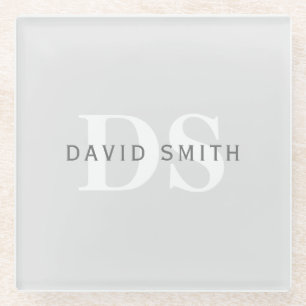 Modern Name & Monogram Light & Dark Grey White Glass Coaster