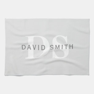 Modern Name & Monogram Light & Dark Grey White Kitchen Towel