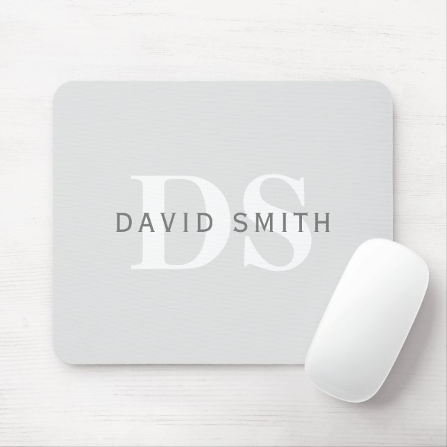 Modern Name & Monogram | Light & Dark Grey White Mouse Pad (With Mouse)
