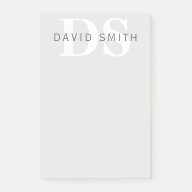 Modern Name & Monogram | Light & Dark Grey White Post-it Notes (Front)
