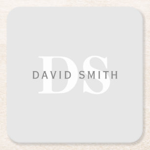 Modern Name & Monogram Light & Dark Grey White Square Paper Coaster