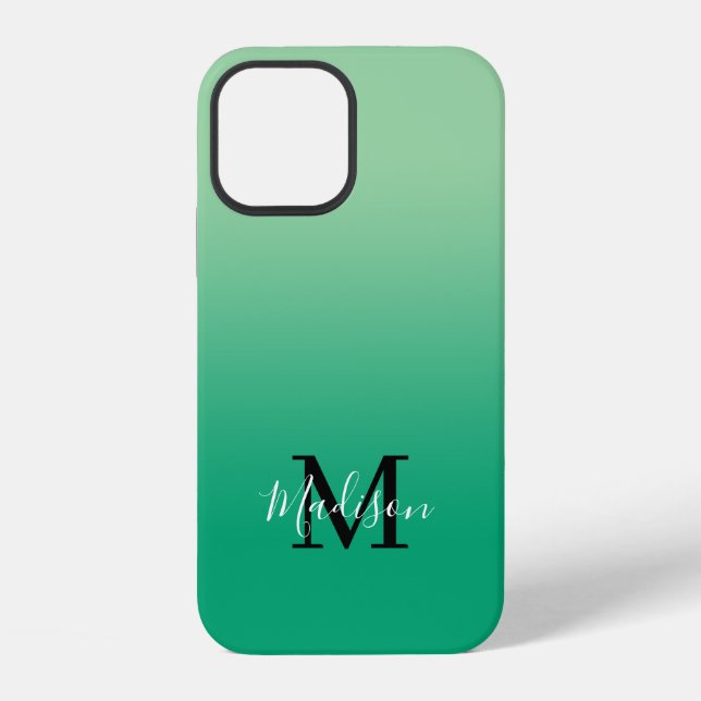 Modern Name Monogram Light to Dark Green Gradient iPhone Case (Back)