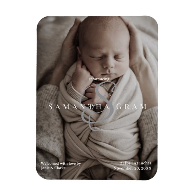 Modern Name Monogram Newborn Photo  Magnet (Vertical)
