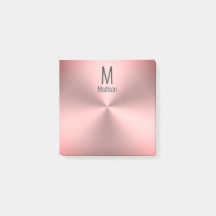 Modern Name & Monogram on Pink Brushed Metal Look Post-it Notes