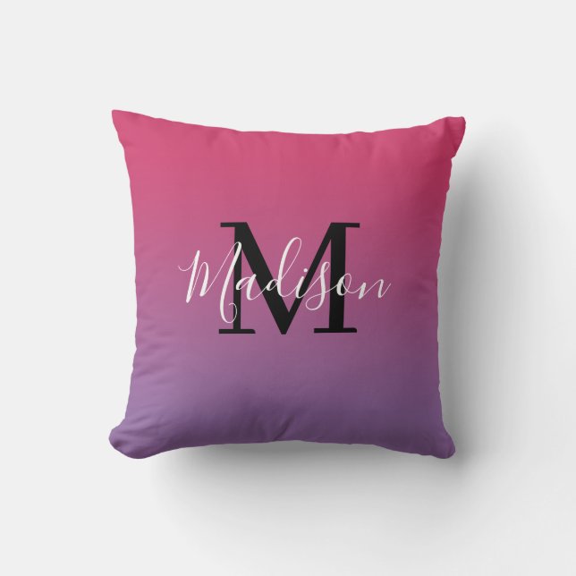 Modern Name Monogram Pink to Purple Gradient Throw Pillow (Front)