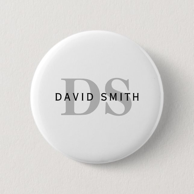 Modern Name & Monogram | White Black & Grey 2 Inch Round Button (Front)