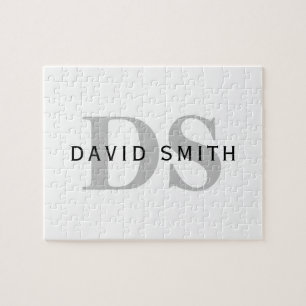 Modern Name & Monogram   White Black & Grey Jigsaw Puzzle