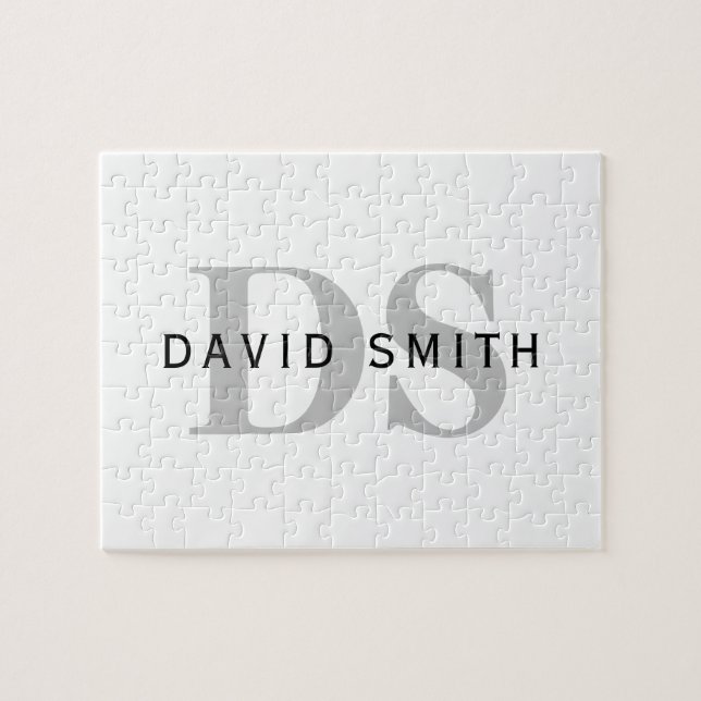 Modern Name & Monogram | White Black & Grey Jigsaw Puzzle (Horizontal)