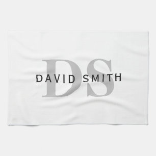 Modern Name & Monogram   White Black & Grey Kitchen Towel