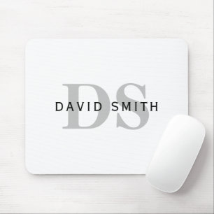 Modern Name & Monogram White Black & Grey Mouse Pad