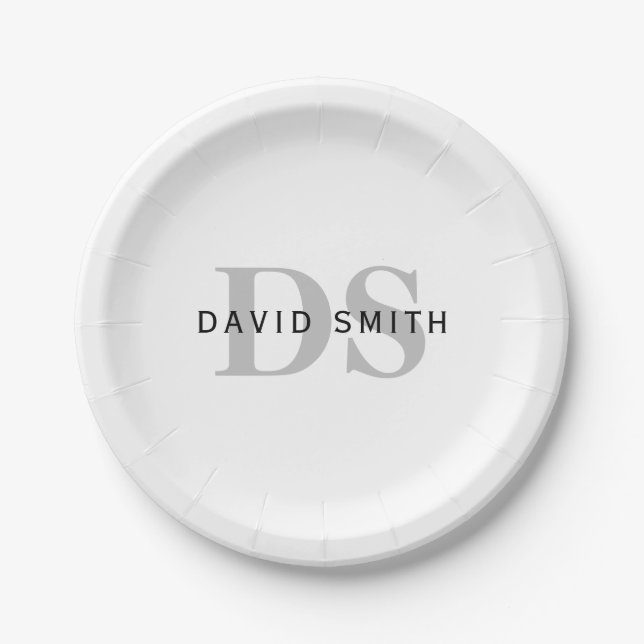 Modern Name & Monogram | White Black & Grey Paper Plate (Front)