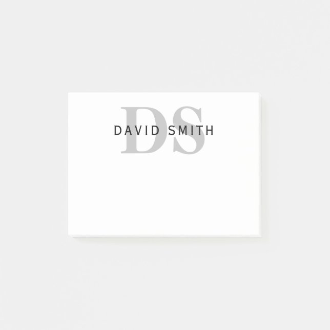 Modern Name & Monogram | White Black & Grey Post-it Notes (Front)