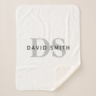 Modern Name & Monogram White Black & Grey Sherpa Blanket