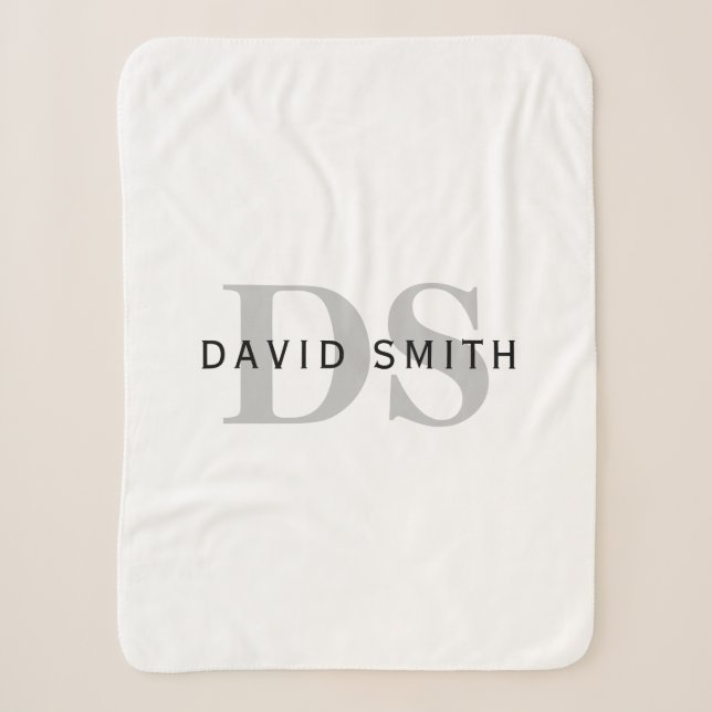 Modern Name & Monogram | White Black & Grey Sherpa Blanket (Front)