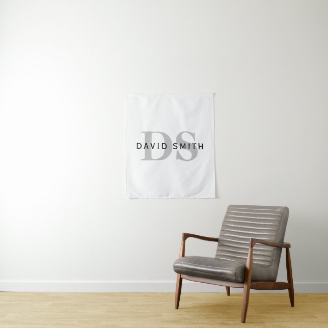 Modern Name & Monogram | White Black & Grey Tapestry (In Situ)