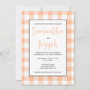 Modern Name Peach Gingham Country Wedding Invitation