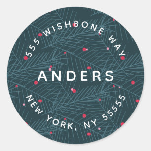 Modern Name Personalized Holiday Spruce Address Classic Round Sticker