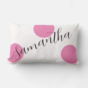 Modern Name Script Large Pink Polka Dots Lumbar Pillow