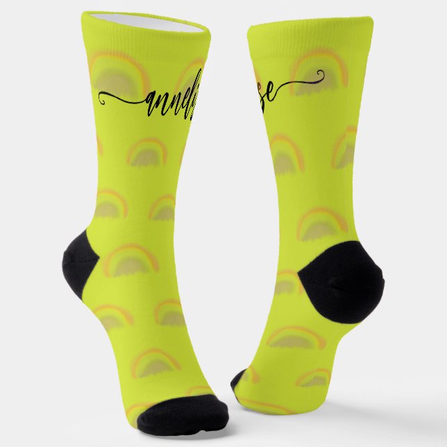 Modern name script personalized pastel rainbow socks (Angled)