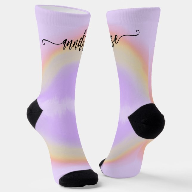 Modern name script personalized pastel rainbow socks (Angled)