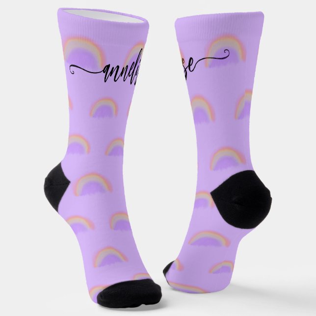 Modern name script personalized pastel rainbow socks (Angled)