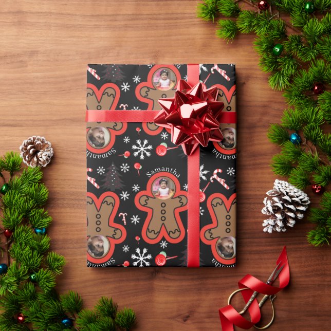Modern Name Two photo Christmas Gingerbread Man Wrapping Paper (Holiday Gift)