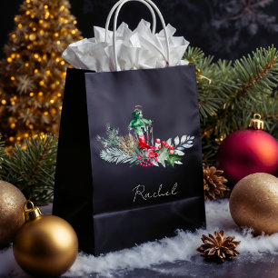 Modern Name Watercolor Script Merry Christmas Medium Gift Bag