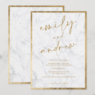 Modern names calligraphy gold marble chic wedding invitation