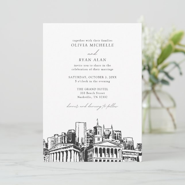 Modern Nashville Skyline Black & White Wedding Invitation (Standing Front)