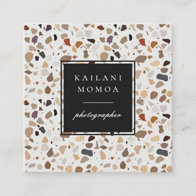 Modern Natural Earth Tone Terrazzo Pattern Square Business Card (Front)