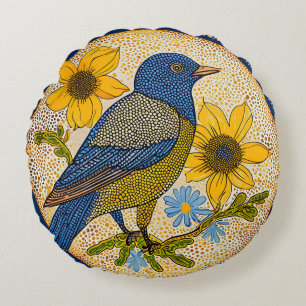 Modern Nature Bird with Patterned Style Floral  Round Pillow