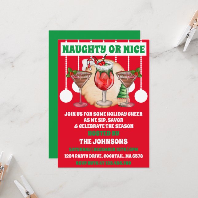 Modern Naughty or Nice Christmas Cocktail Party Invitation (Front/Back In Situ)