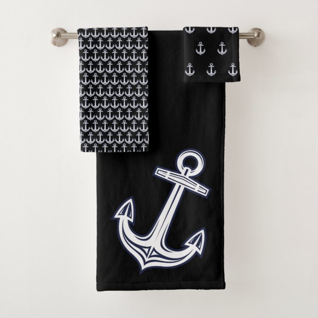 Modern Nautical Anchor  Bathroom Ocean black white Bath Towel Set (Insitu)