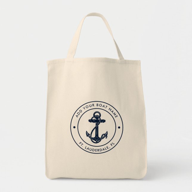 Modern Nautical Anchor Boat Name Custom Boating Tote Bag (Front)
