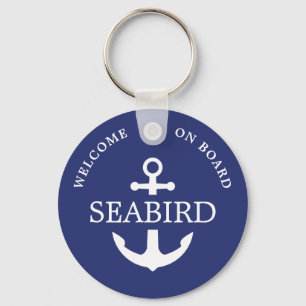Modern Nautical Anchor Boat Name White Blue Keychain