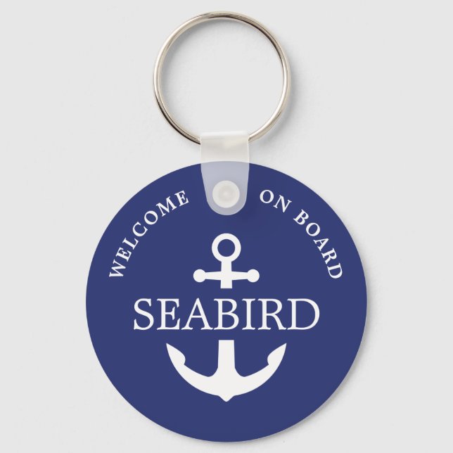 Modern Nautical Anchor Boat Name White Blue Keychain (Front)