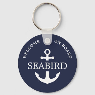 Modern Nautical Anchor Boat Name White Navy Blue Keychain