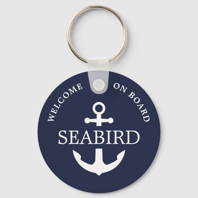 Modern Nautical Anchor Boat Name White Navy Blue Keychain (Front)