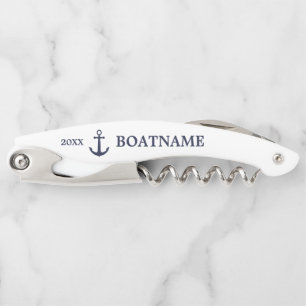 Modern Nautical Anchor Navy Blue White Custom Name Corkscrew