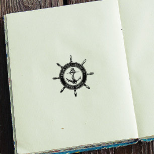 Modern Nautical Anchor Ship Wheel Library Book  Rubber Stamp